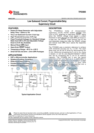 TPS3808G01DBVT datasheet - Low Quiescent Current, Programmable-Delay Supervisory Circuit