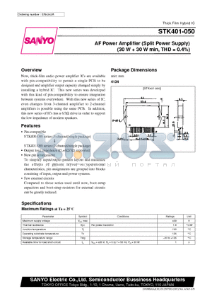 STK400-050 datasheet - AF Power Amplifier (Split Power Supply) (30 W  30 W min, THD = 0.4%)