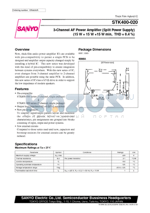 STK400-070 datasheet - 3-Channel AF Power Amplifier (Split Power Supply) (15 W  15 W 15 W min, THD = 0.4 %)
