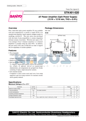 STK400-070 datasheet - AF Power Amplifier (Split Power Supply) (15 W  15 W min, THD = 0.4%)