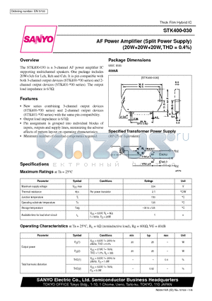 STK400-080 datasheet - AF Power Amplifier (Split Power Supply) (20W20W20W, THD = 0.4%)