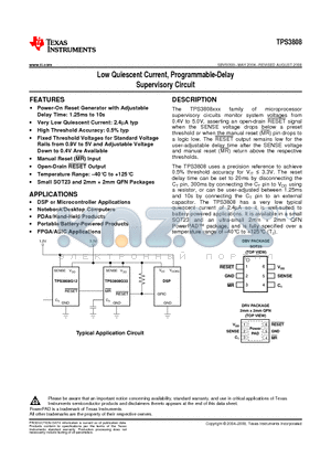 TPS3808G125DBVT datasheet - Low Quiescent Current, Programmable-Delay Supervisory Circuit