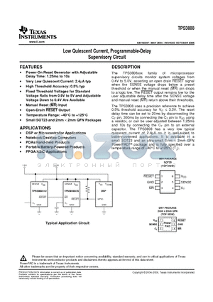 TPS3808G125DBVTG4 datasheet - Low Quiescent Current, Programmable-Delay Supervisory Circuit