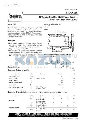 STK400-080 datasheet - AF Power Amplifier (Split Power Supply) (35 W  35 W  35 W min, THD = 0.4%)