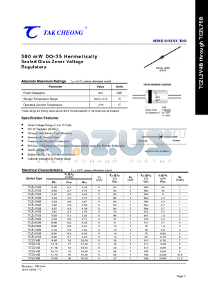 TCZL39B datasheet - 500 mW DO-35 Hermetically Sealed Glass Zener Voltage Regulators