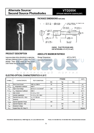 VTD205K datasheet - Alternate Source/ Second Source Photodiodes