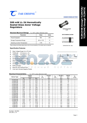 TCZM24B datasheet - 500 mW LL-34 Hermetically Sealed Glass Zener Voltage Regulators