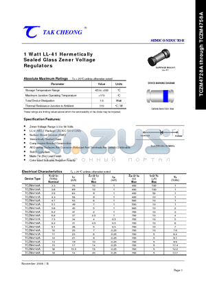 TCZM4751A datasheet - 1 Watt LL-41 Hermetically Sealed Glass Zener Voltage Regulators