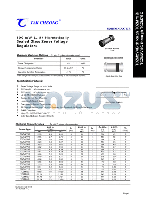 TCZM4V7B datasheet - 500 mW LL-34 Hermetically Sealed Glass Zener Voltage Regulators
