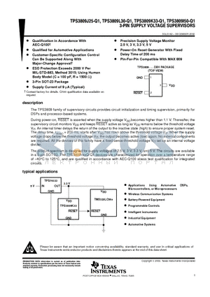 TPS3809K33-Q1 datasheet - 3-PIN SUPPLY VOLTAGE SUPERVISORS