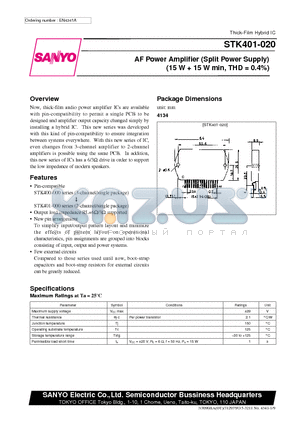 STK401-020 datasheet - AF Power Amplifier (Split Power Supply) (15 W  15 W min, THD = 0.4%)