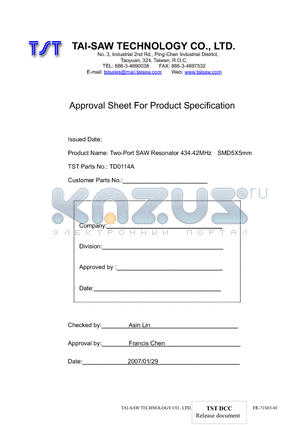 TD0114A datasheet - Two-Port SAW Resonator 434.42MHz SMD5X5mm