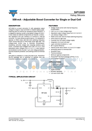 SIP12503 datasheet - 500-mA - Adjustable Boost Converter for Single or Dual Cell