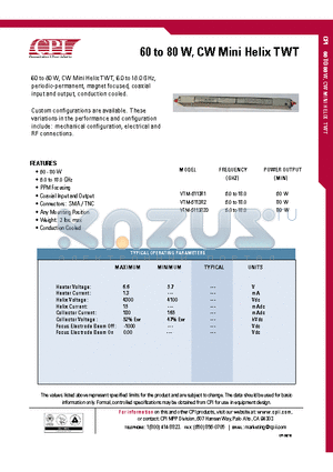 VTM-6113R1 datasheet - 60 to 80 W, CW Mini Helix TWT