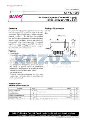 STK401-090 datasheet - AF Power Amplifier (Split Power Supply) (50 W  50 W min, THD = 0.4%)