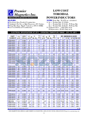 VTP-20007 datasheet - LOW COST TOROIDAL POWER INDUCTORS