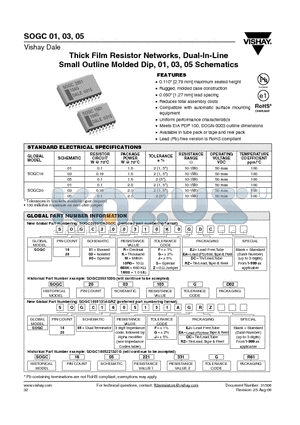 SOGC160110R0Z datasheet - Thick Film Resistor Networks, Dual-In-Line Small Outline Molded Dip, 01, 03, 05 Schematics
