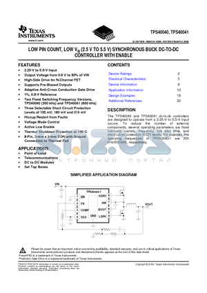 TPS40040 datasheet - LOW PIN COUNT, LOW VIN (2.5 V TO 5.5 V) SYNCHRONOUS BUCK DC-TO-DC CONTROLLER WITH ENABLE