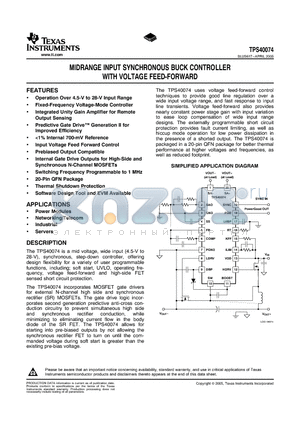 TPS40074 datasheet - MIDRANGE INPUT SYNCHRONOUS BUCK CONTROLLER WITH VOLTAGE FEED-FORWARD