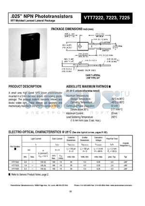 VTT7222 datasheet - .025 NPN Phototransistors