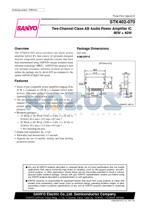 STK402-050 datasheet - Two-Channel Class AB Audio Power Amplifier IC 40W  40W