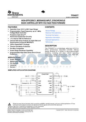 TPS40077_07 datasheet - HIGH-EFFICIENCY, MIDRANGE-INPUT, SYNCHRONOUS BUCK CONTROLLER WITH VOLTAGE FEED-FORWARD