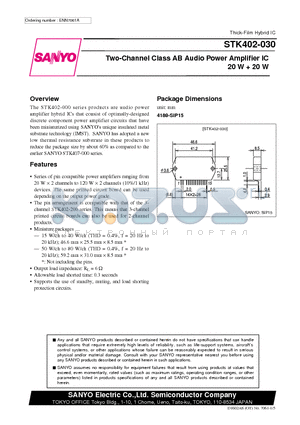 STK402-120 datasheet - Two-Channel Class AB Audio Power Amplifier IC 20 W  20 W