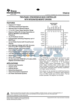 TPS40132RHBR datasheet - TWO-PHASE, SYNCHRONOUS BUCK CONTROLLER WITH INTEGRATED MOSFET DRIVERS