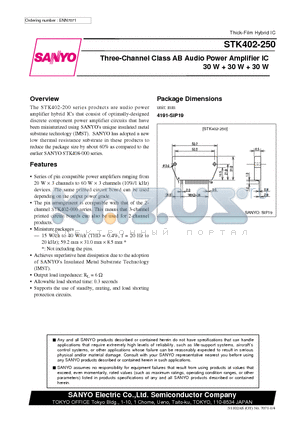 STK402-250 datasheet - Three-Channel Class AB Audio Power Amplifier IC