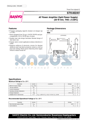 STK4024V datasheet - AF Power Amplifier (Split Power Supply) (20 W min, THD = 0.08%)
