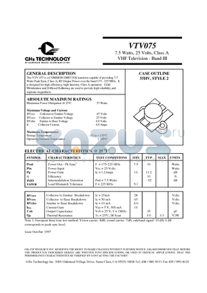 VTV075 datasheet - 7.5 Watts, 25 Volts, Class A VHF Television - Band III