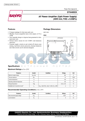 STK4032X datasheet - AF Power Amplifier (Split Power Supply) (40W min, THD = 0.008%)