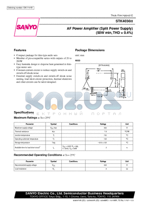 STK4036 datasheet - AF Power Amplifier (Split Power Supply) (50W min, THD = 0.4%)