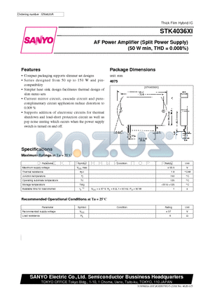 STK4036XI datasheet - AF Power Amplifier (Split Power Supply) (50 W min, THD = 0.008%)