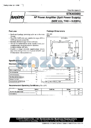 STK4038XI datasheet - AF Power Amplifier (Split Power Supply) (60 W min, THD = 0.008%)