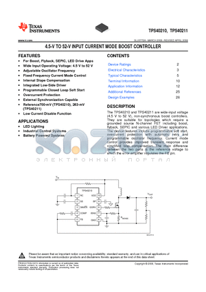 TPS40210 datasheet - 4.5-V TO 52-V INPUT CURRENT MODE BOOST CONTROLLER