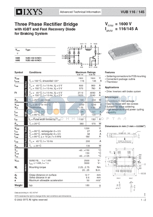 VUB116-16NO1 datasheet - Three Phase Rectifier Bridge with IGBT and Fast Recovery Diode for Braking System