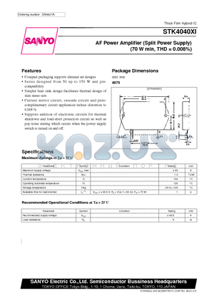 STK4040XI datasheet - AF Power Amplifier (Split Power Supply) (70 W min, THD = 0.008%)