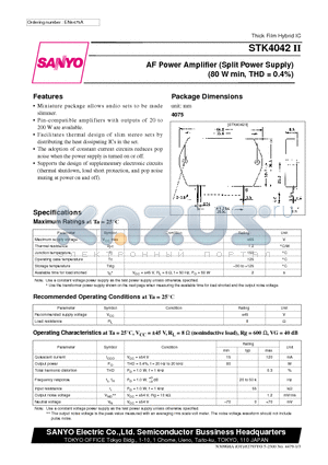 STK4042 datasheet - AF Power Amplifier (Split Power Supply) (80 W min, THD = 0.4%)
