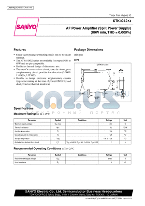 STK4042 datasheet - AF Power Amplifier (Split Power Supply) (80 W min, THD = 0.008%)