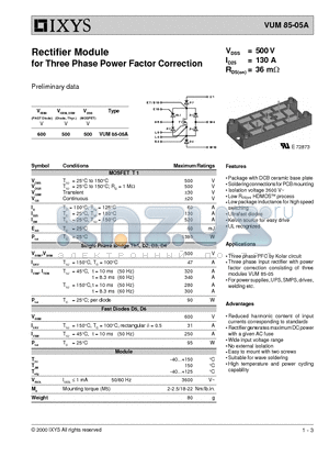 VUM85-05A datasheet - Rectifier Module for Three Phase Power Factor Correction