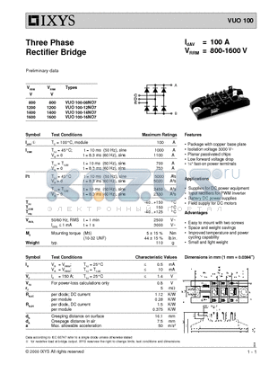 VUO100 datasheet - Three Phase Rectifier Bridge