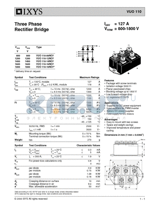 VUO110-08NO7 datasheet - Three Phase Rectifier Bridge