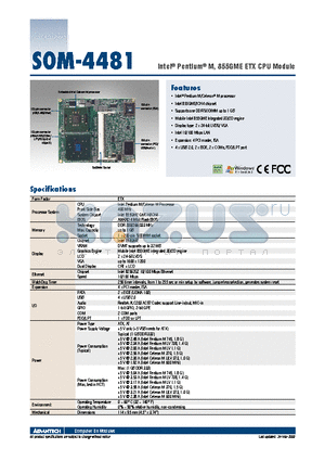 SOM-4481FL-M0A3E datasheet - Intel^ Pentium^ M, 855GME ETX CPU Module