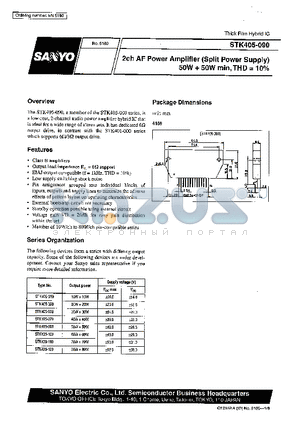 STK405-010 datasheet - 2ch AF Power Amplifier (Split Power Supply) 50W  50W min, THD =10%