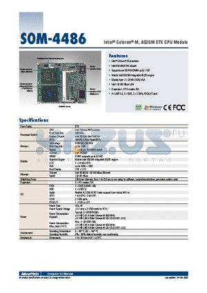 SOM-4486 datasheet - Intel^ Celeron^ M, 852GM ETX CPU Module