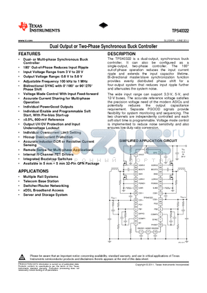 TPS40322RHBT datasheet - Dual Output or Two-Phase Synchronous Buck Controller