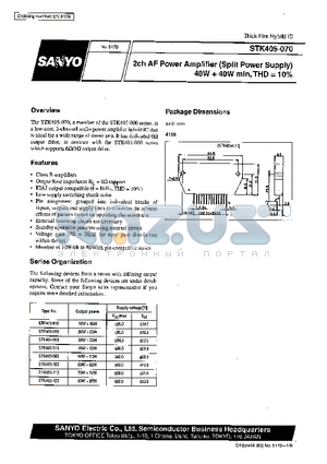 STK405-070 datasheet - 2ch AF Power Amplifier (Split Power Supply) 40W  40 W min, THD =10%