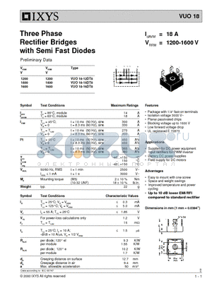VUO18-16DT8 datasheet - Three Phase Rectifier Bridges with Semi Fast Diodes