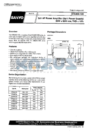 STK405-070 datasheet - 2ch AF Power Amplifier (Split Power Supply) 80W  80W min, THD =10%